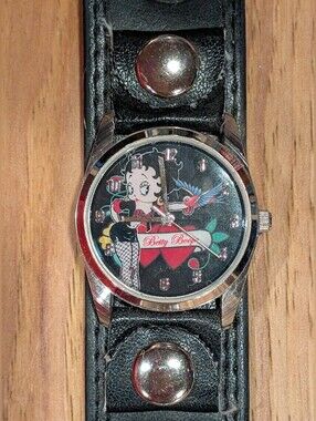Betty Boop Black Watch with Colorful Cartoon Dial And Genuine Leather Band